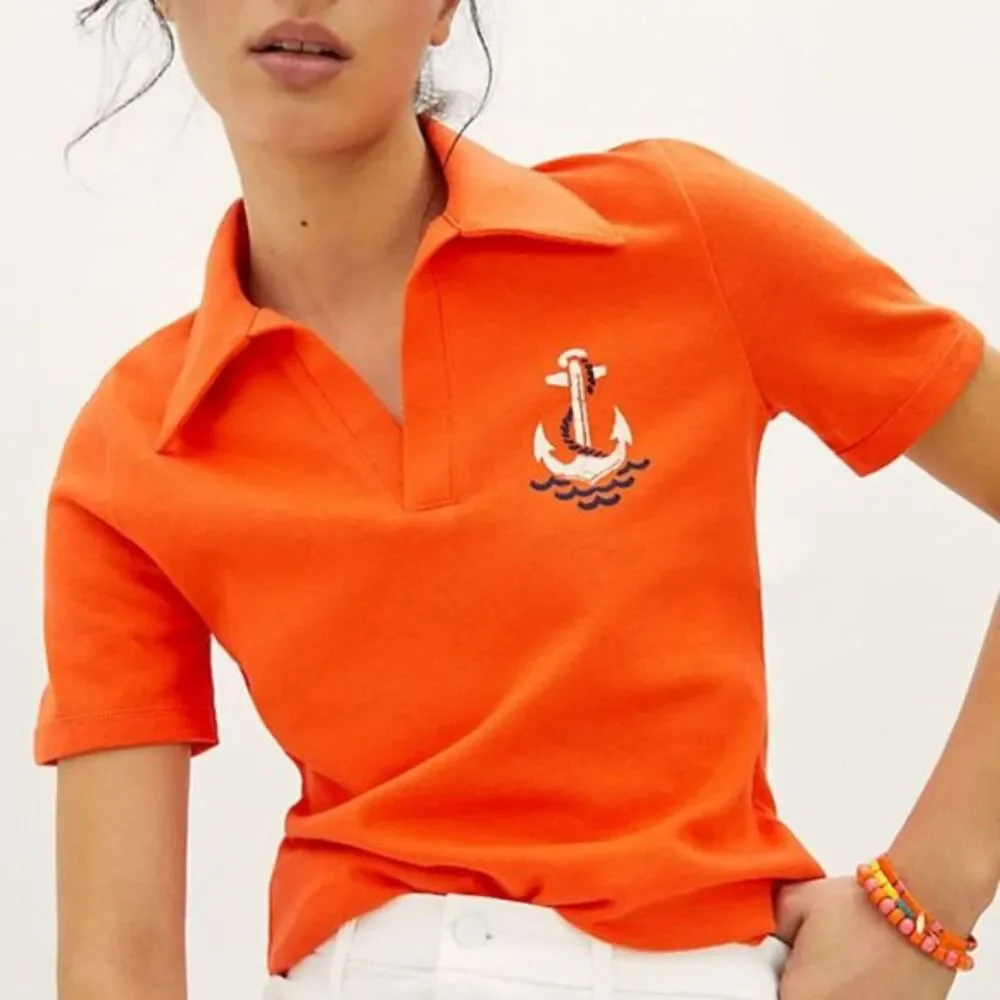 Maeve by Anthropologie "Newport" Orange/Red 100% Cotton Polo Top size Medium - Picture 1 of 10